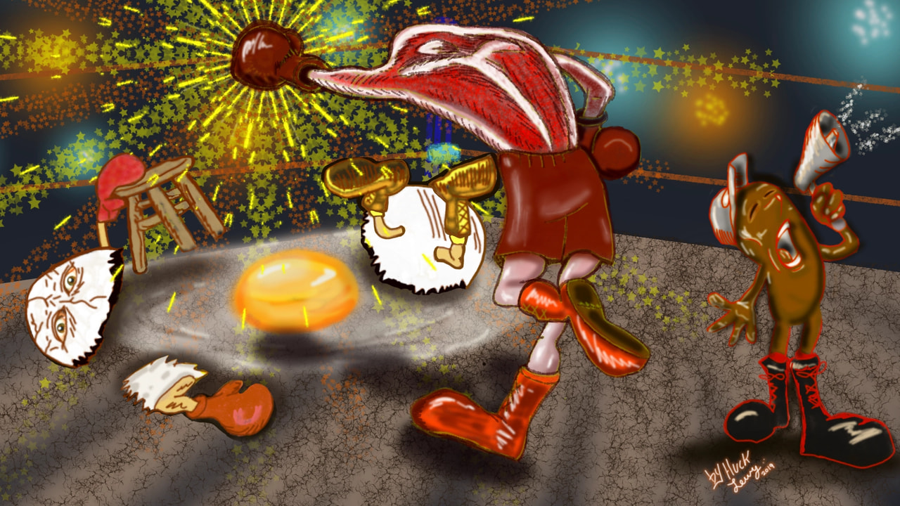 T'Bone Steak made a rare colossal move which ended up beating the Egg TKO! #foodchallenge #fridaywithsketch #foodfight #steakandeggs #100PercentSketch #hucksart
