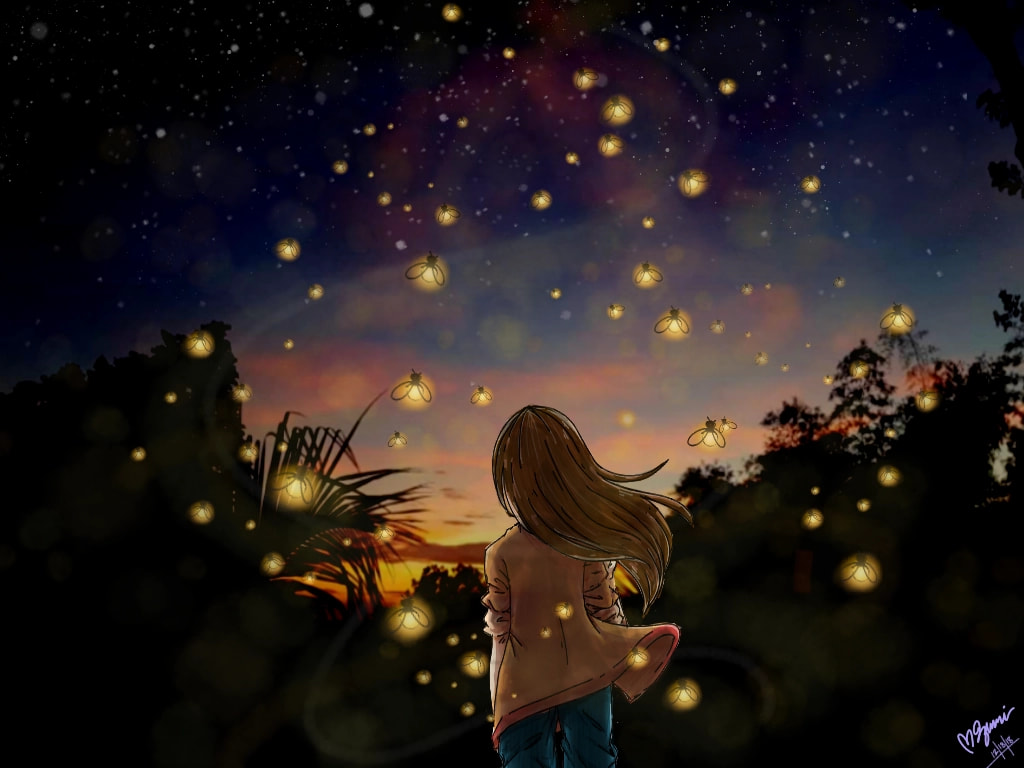 •Isra (My OC) wih fireflies•I actually liked this challenge(surprisingly).It's my first time doing something like this (it was an actual challenge for me) so i hope it's good enough.#PhotoChallenge #fridayswithsketch #Twilight #fireflies #IzumiLilyOCs