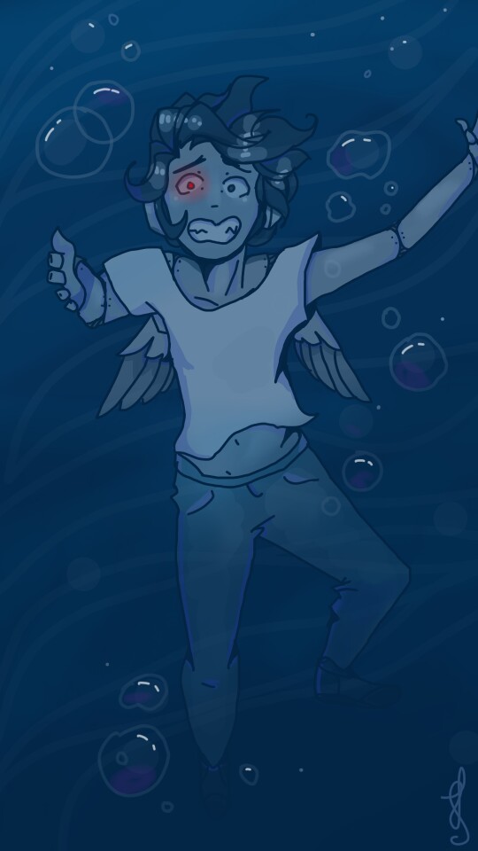 Part one! I worked hard on this. It's my oc Cya, who is an android... drowning. I think. He's also afraid of water :D #water #ocean #blue look at those bubbles tho also i tried perspective for the 1st time yaya?? #cyadies #cya