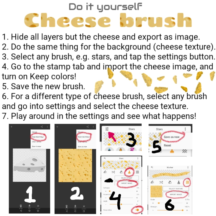 The long-awaited 🧀 #cheesebrush 🧀. Brush sharing was never completed so you have to do it yourselves! Then it's up to you guys to create some truly cheesy art!! Note on iOS: The UI is a little different and unfortunately there is no save  😔 #cheeseteam