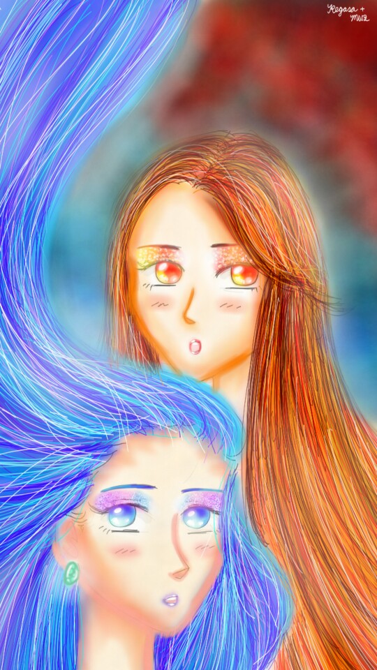Collab with ‪@REGASA‬!I hope you like this😊.  I tried to draw the hair Regasa style btw.  Which girl do you like better? #collab #Regasa20 #girls #fire #water #elements
