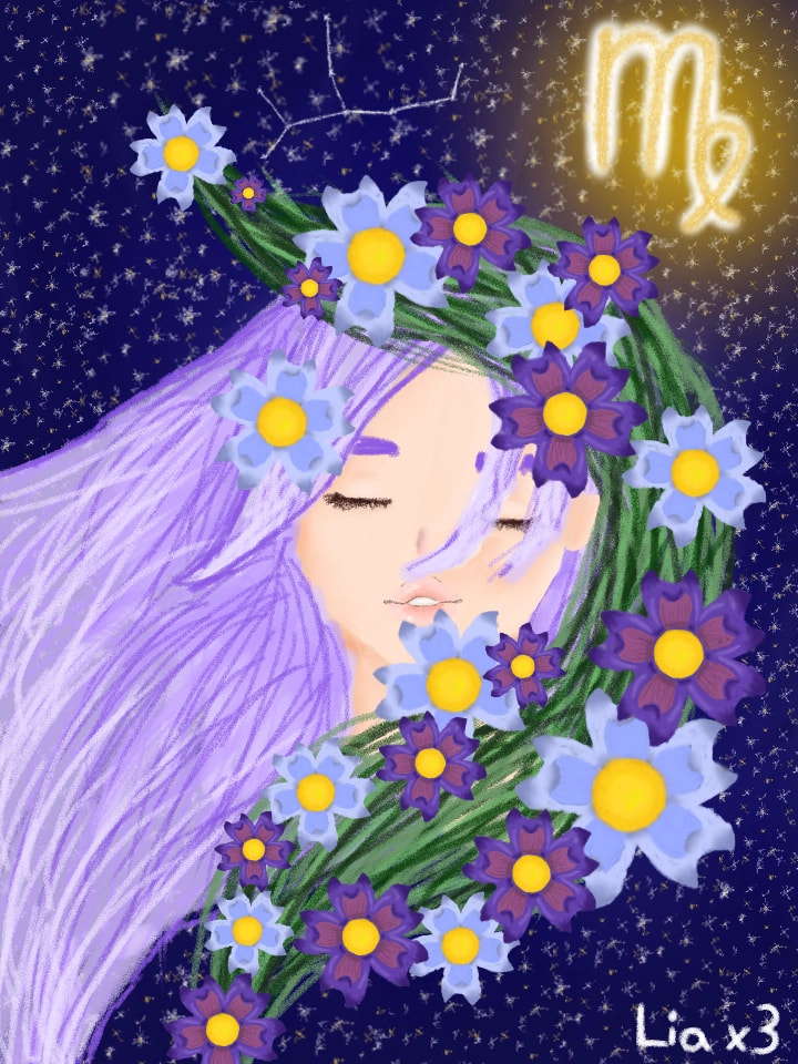 It's a virgo. Thanks for all the likes!#zodiacchallenge #virgo #virgin #girl #flowers #stars #violet #beauty #almost3hrswork it really took me like 3hrs (with breaks) to draw that lol #ok #kindacool #beautifulornot #aye