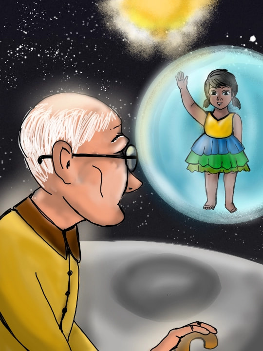 #minichallenge #magicmoonweek Young, vibrant Earth greets loving, old Mr. Moon, her neighbor. She calls him Grandpa and loves listening to his tales about Creation, sly shooting-stars, funny nebulas, evil black holes and even about her busy mother, Sun.