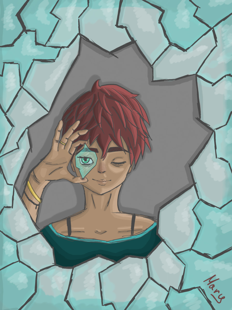 Inktober day 16: It took me longer than i thought so i hope you like it. #inktober #Inktober2018 #Angular #girl #shorthair #Glass #redhair #eye #bracelet #ring #happy (check out my profile if you bored)