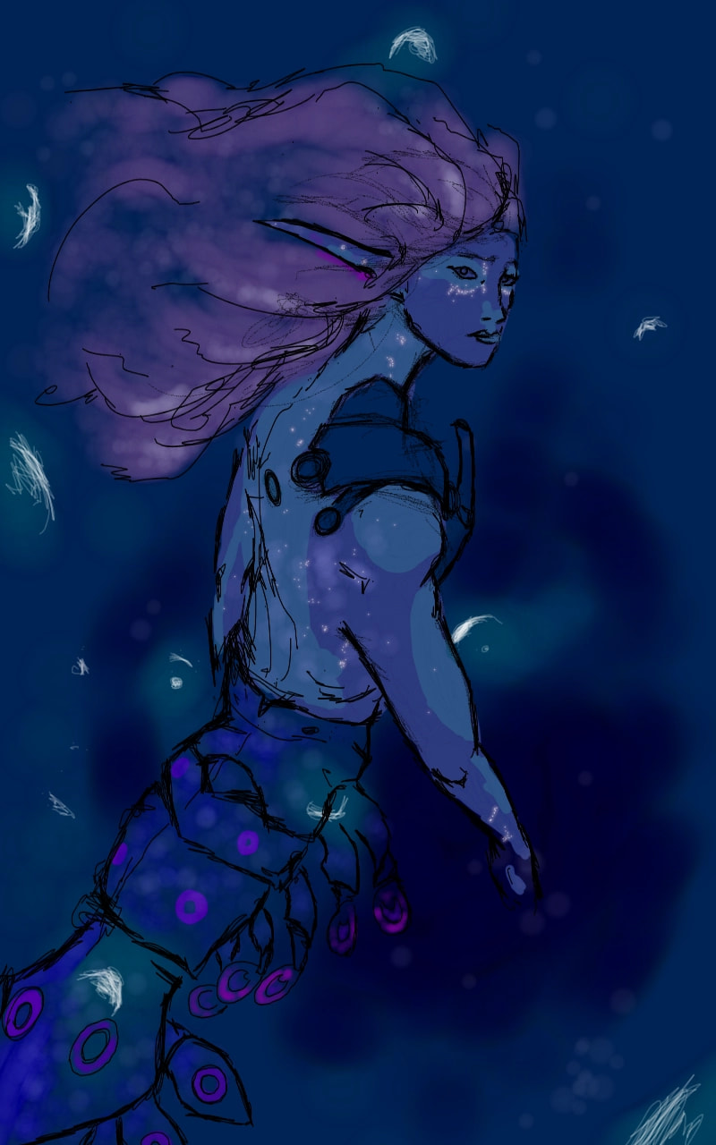 -Not- a farewell. #fridayswithsketch #merMAY #mermaid #ocean #descent #depth #bioluminescence #lights #hair #purple #blue #artropoda #farewell