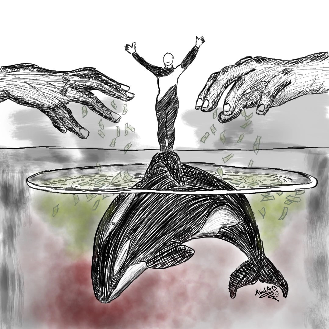 11/12 Oct | #cruel / #whale | Feel free to interpret it. I just want to say that I hate circus or seaworld & loroparque or any other "circus" that use animals for our entertainment 😠 
They suffer there! #Inktober2018 | 100% #sonysketch (video on insta)