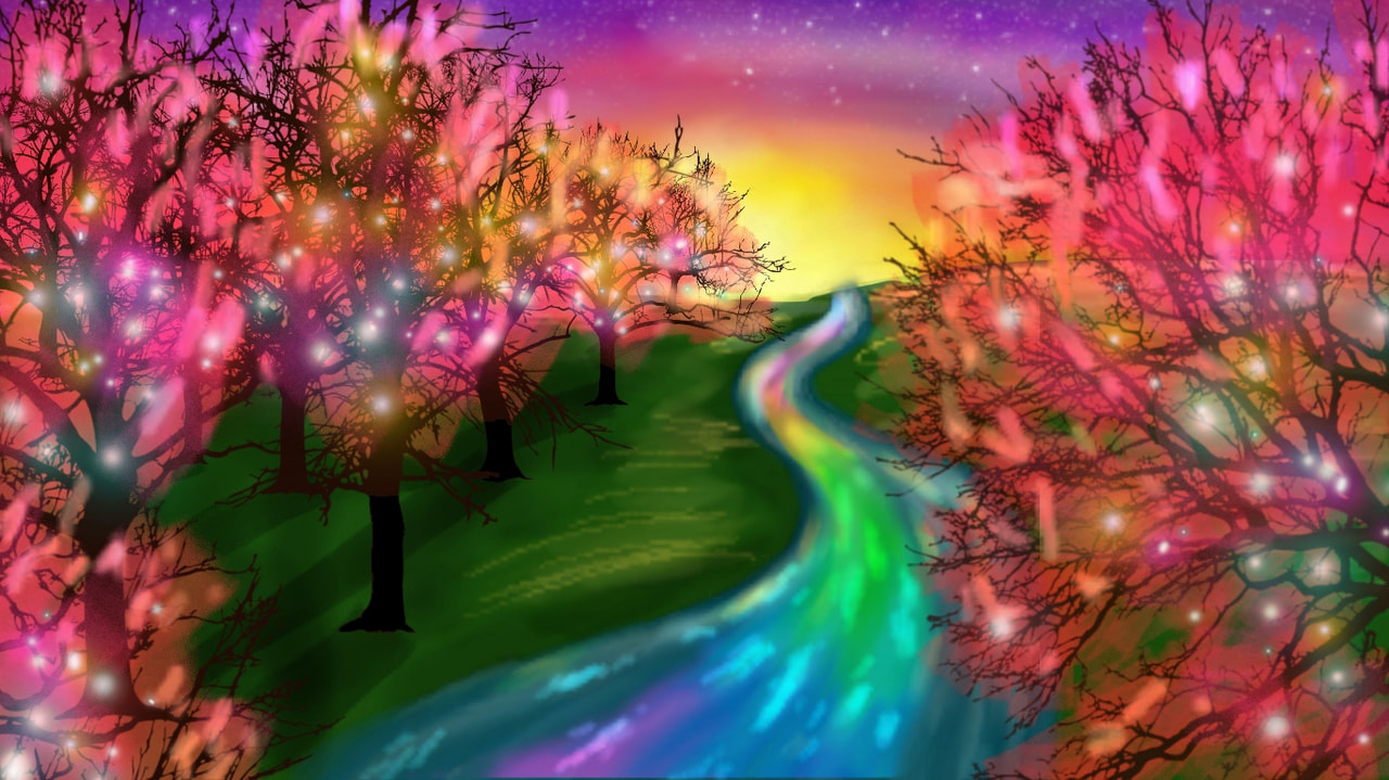 O MY GOD I CANT BELIEVE THIS GOT FEATURED!!!!! The trees were originally going to be made out of candy or candy canes but meh. I think it looks better like this :)#color #river #stream#sunset #light #lights #rainbow  #fridayswithsketch #landscapechallenge