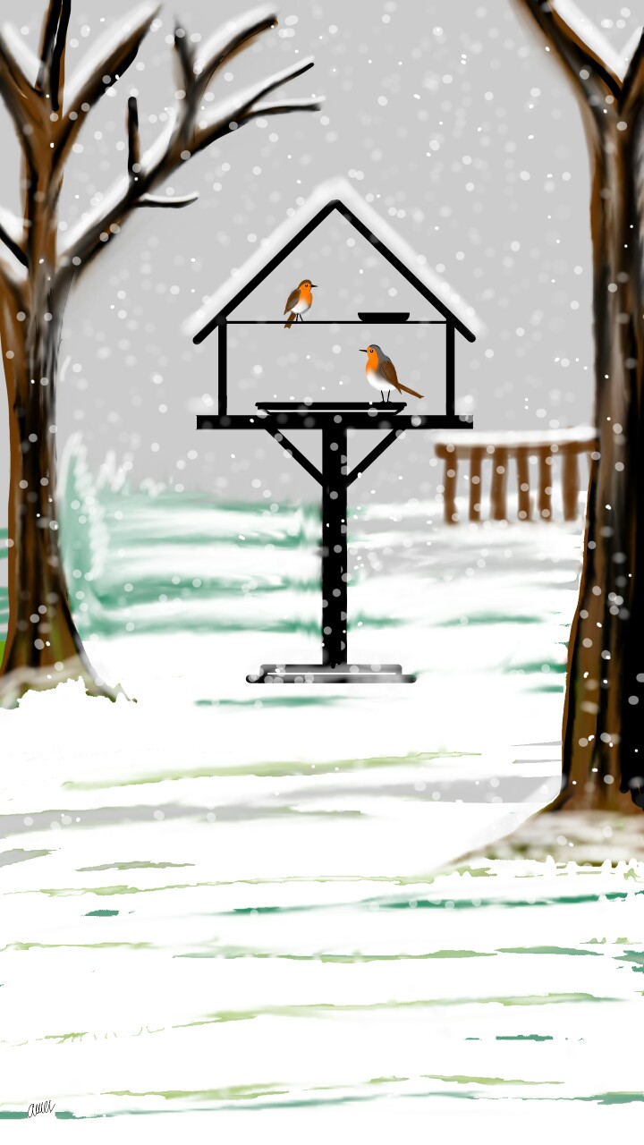 #Robins in #Snowfall. #Birdhouse. #Amerkhan.  #fridayswithsketch.   #mywintermemory.