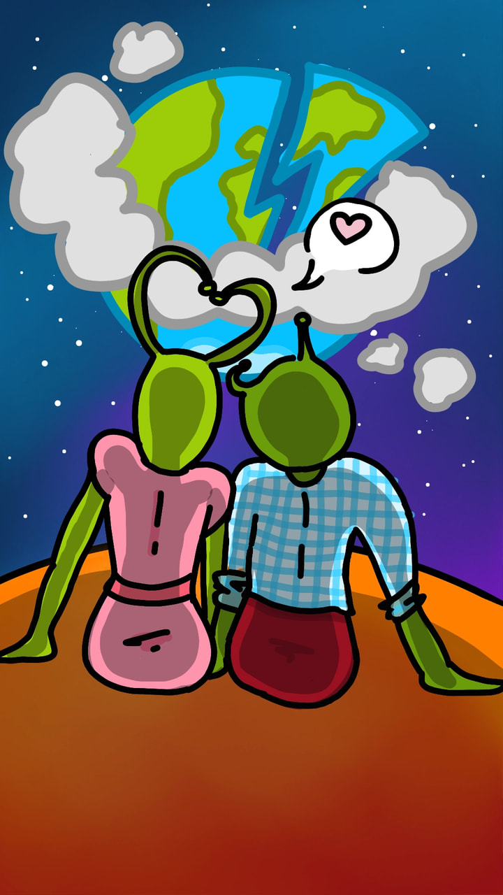 Que bonita pareja de aliens... Espera... Están viendo explotar la tierra?! >:o #fridayswithsketch #EndOfTheWorld